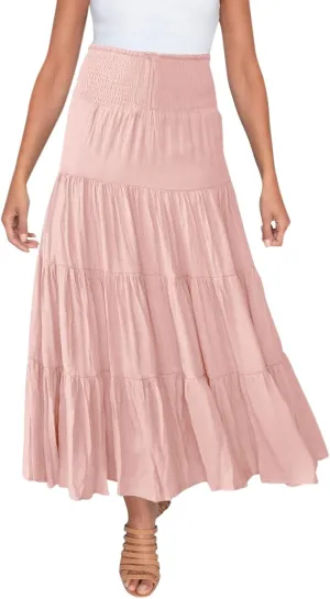Denim Skirts Women's Summer Elastic High Waist Boho Maxi Skirt Casual Drawstring A Line Long Skirt High Skirt
