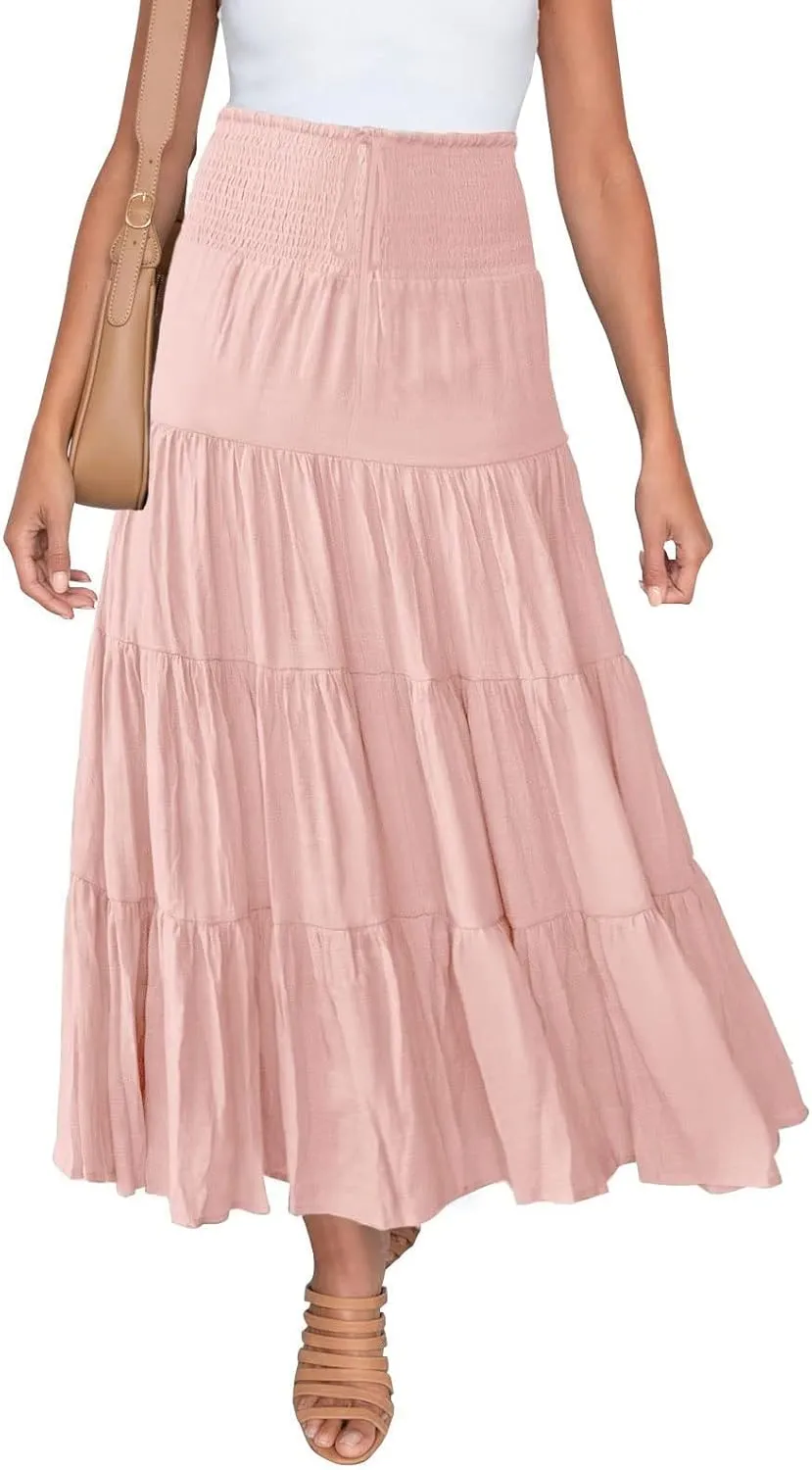 Denim Skirts Women's Summer Elastic High Waist Boho Maxi Skirt Casual Drawstring A Line Long Skirt High Skirt