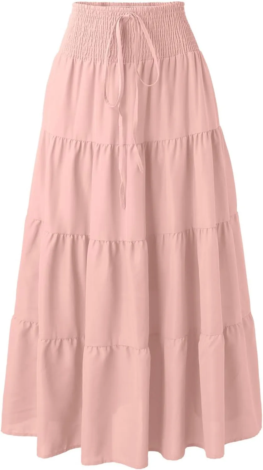 Denim Skirts Women's Summer Elastic High Waist Boho Maxi Skirt Casual Drawstring A Line Long Skirt High Skirt