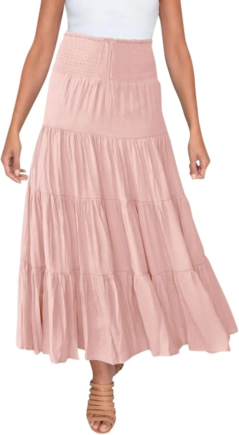 Denim Skirts Women's Summer Elastic High Waist Boho Maxi Skirt Casual Drawstring A Line Long Skirt High Skirt