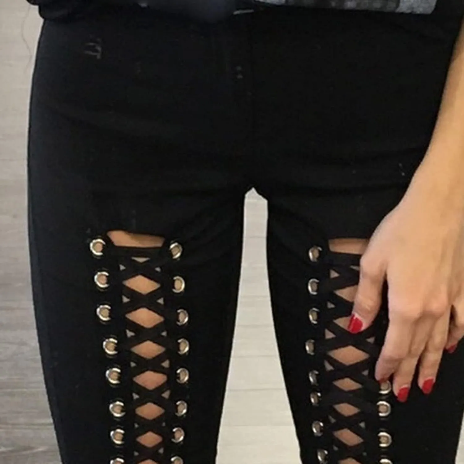 DGHM-JLMY Womens Slim Lace Up Leggings High Waist Bandage Front Lacing Pants Hollow Out Stretch Skinny Narrow Trousers