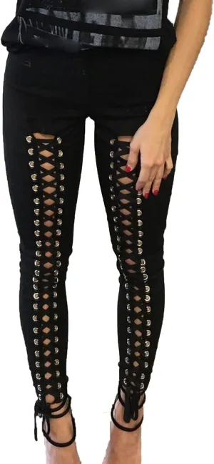 DGHM-JLMY Womens Slim Lace Up Leggings High Waist Bandage Front Lacing Pants Hollow Out Stretch Skinny Narrow Trousers