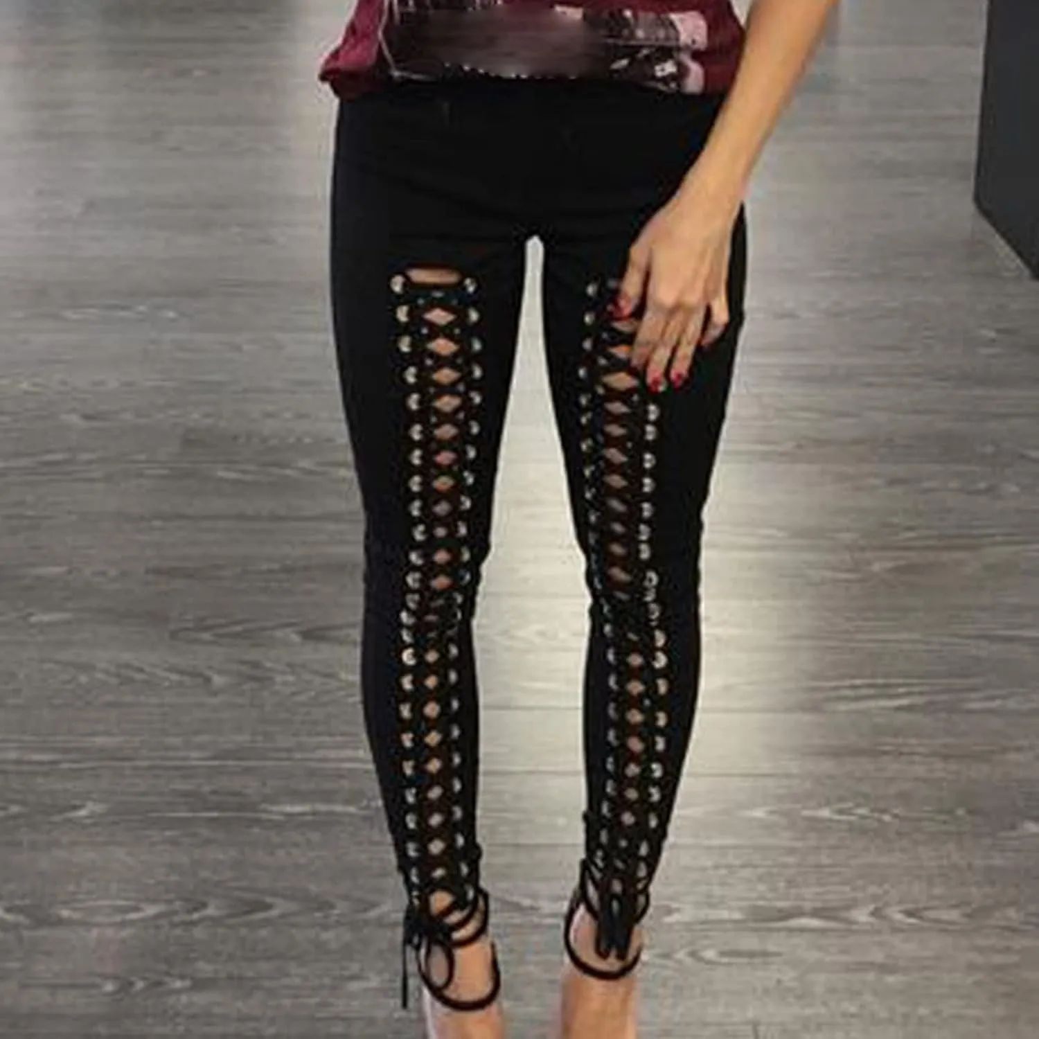 DGHM-JLMY Womens Slim Lace Up Leggings High Waist Bandage Front Lacing Pants Hollow Out Stretch Skinny Narrow Trousers