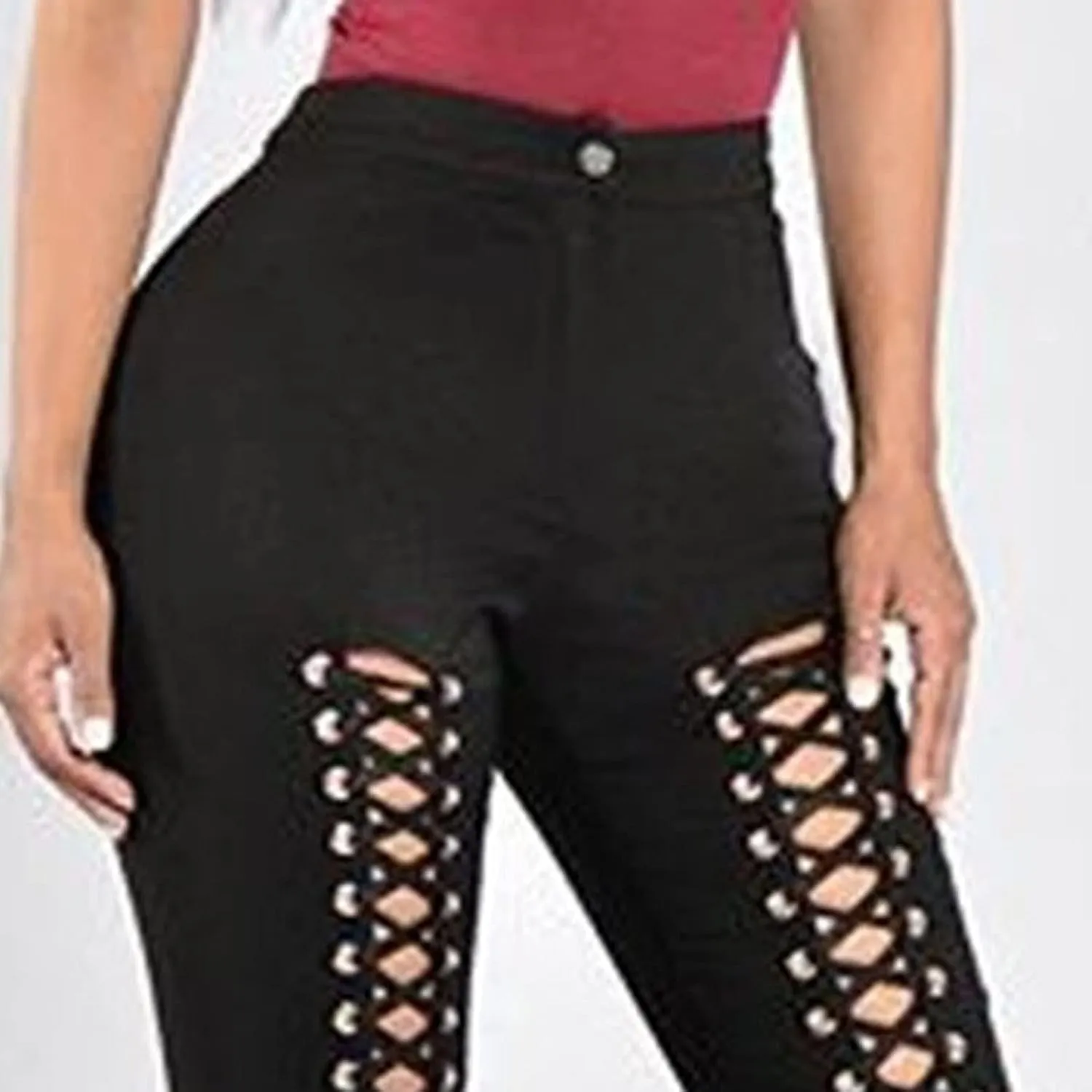 DGHM-JLMY Womens Slim Lace Up Leggings High Waist Bandage Front Lacing Pants Hollow Out Stretch Skinny Narrow Trousers
