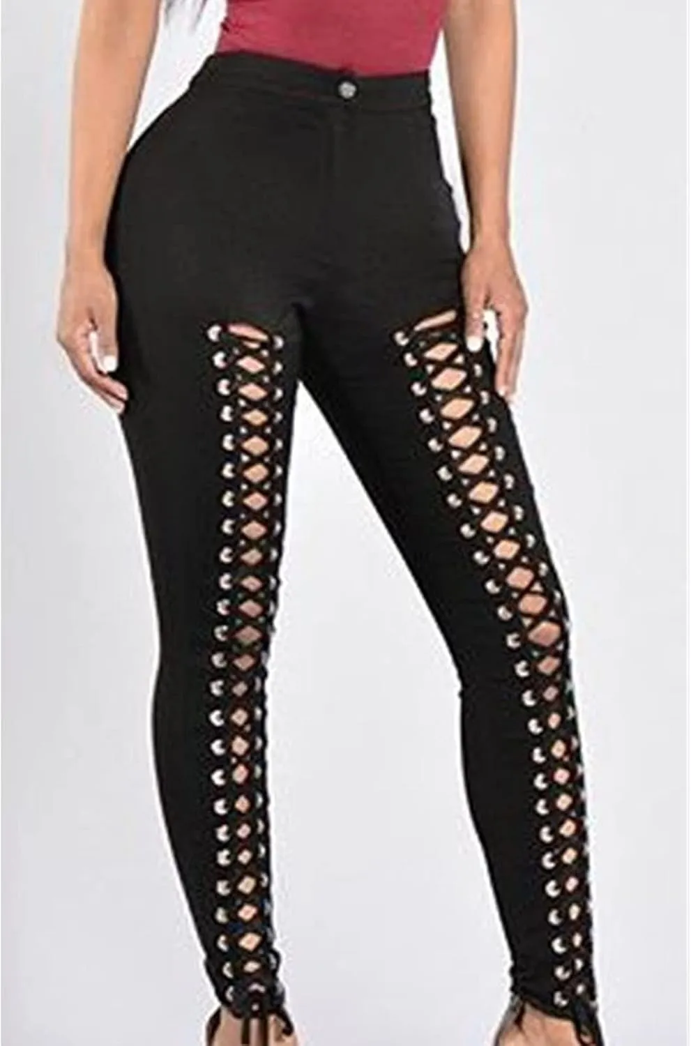 DGHM-JLMY Womens Slim Lace Up Leggings High Waist Bandage Front Lacing Pants Hollow Out Stretch Skinny Narrow Trousers