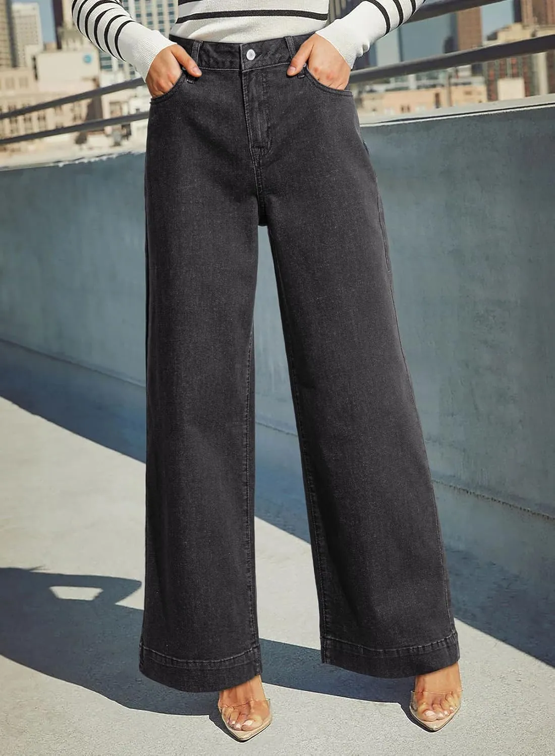 Dokotoo Women's Casual High Waisted Jeans Stretch Wide Leg Loose Denim Pants with Pockets