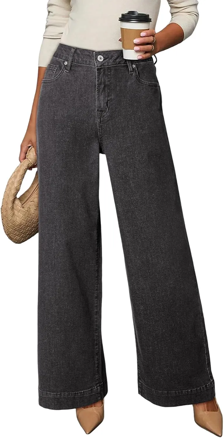 Dokotoo Women's Casual High Waisted Jeans Stretch Wide Leg Loose Denim Pants with Pockets