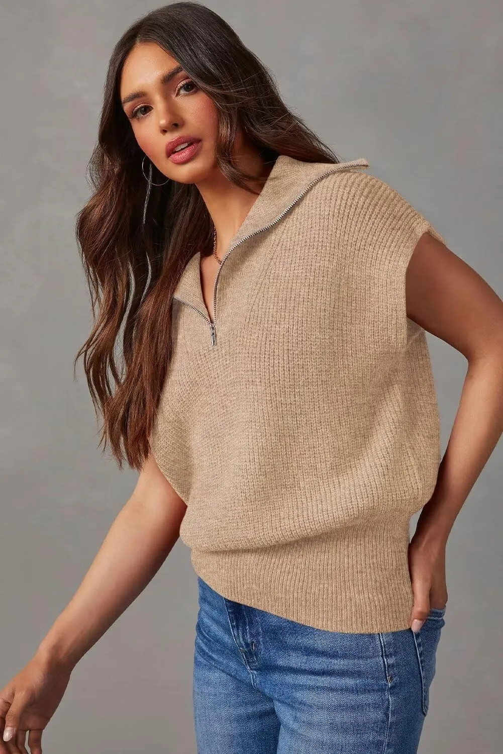 Dokotoo Women's Casual Sleeveless Half Zip Pullover Sweaters Solid V Neck Collar Ribbed Knitted Loose Sweaters