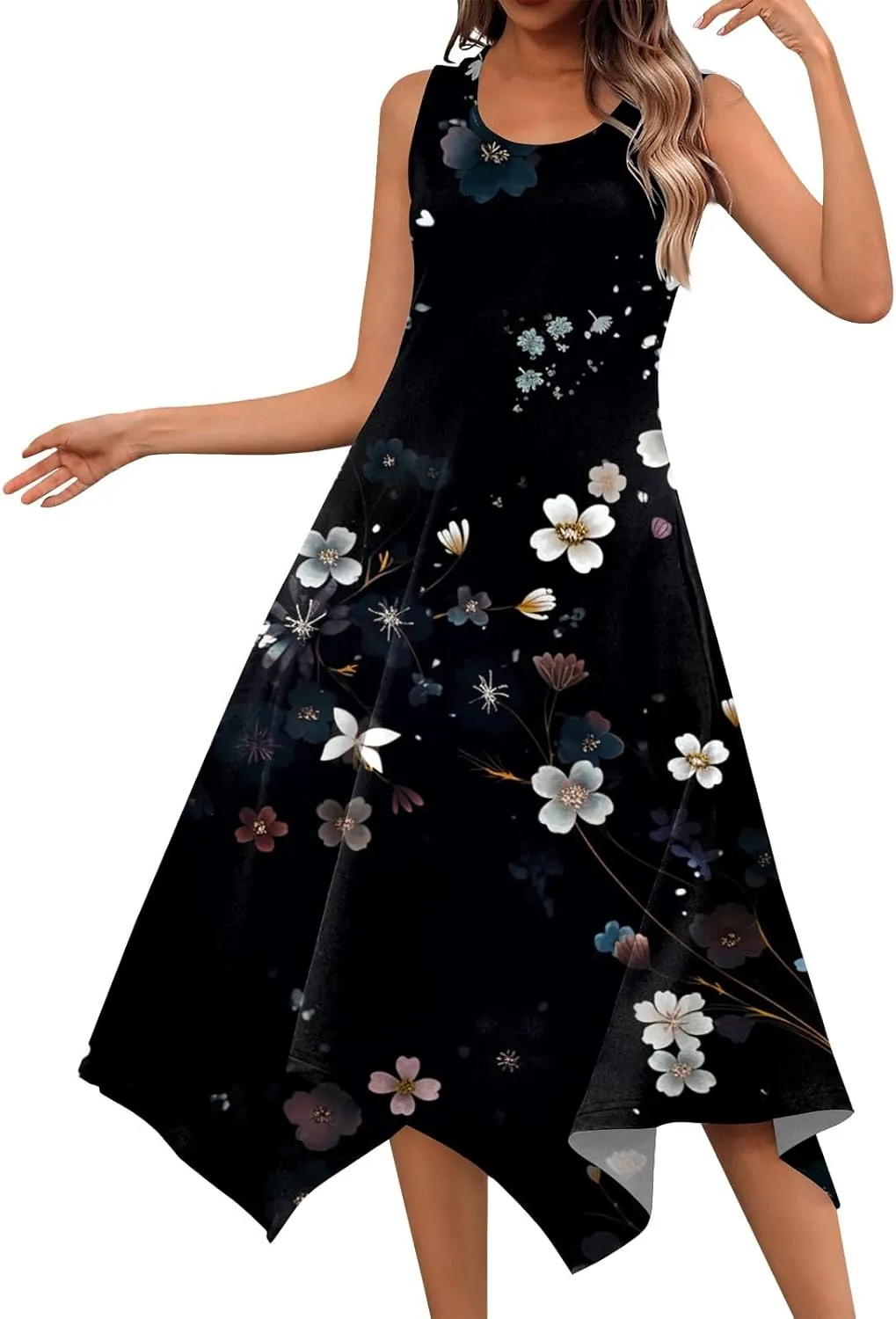 DOPOCQ Summer Dresses for Women 2024 Elegant Print Swing Hem Tank Midi Dresses Casual Plus Size Sleeveless Crewneck Sundress