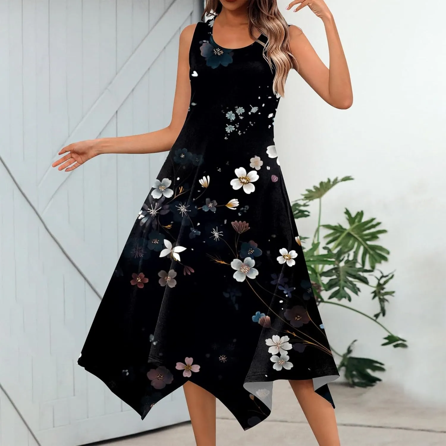 DOPOCQ Summer Dresses for Women 2024 Elegant Print Swing Hem Tank Midi Dresses Casual Plus Size Sleeveless Crewneck Sundress