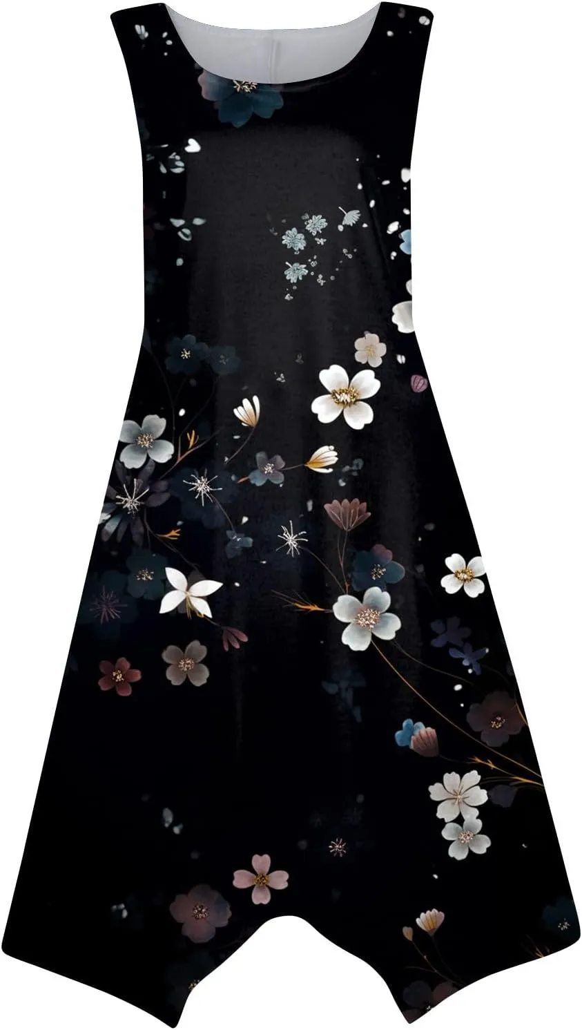 DOPOCQ Summer Dresses for Women 2024 Elegant Print Swing Hem Tank Midi Dresses Casual Plus Size Sleeveless Crewneck Sundress