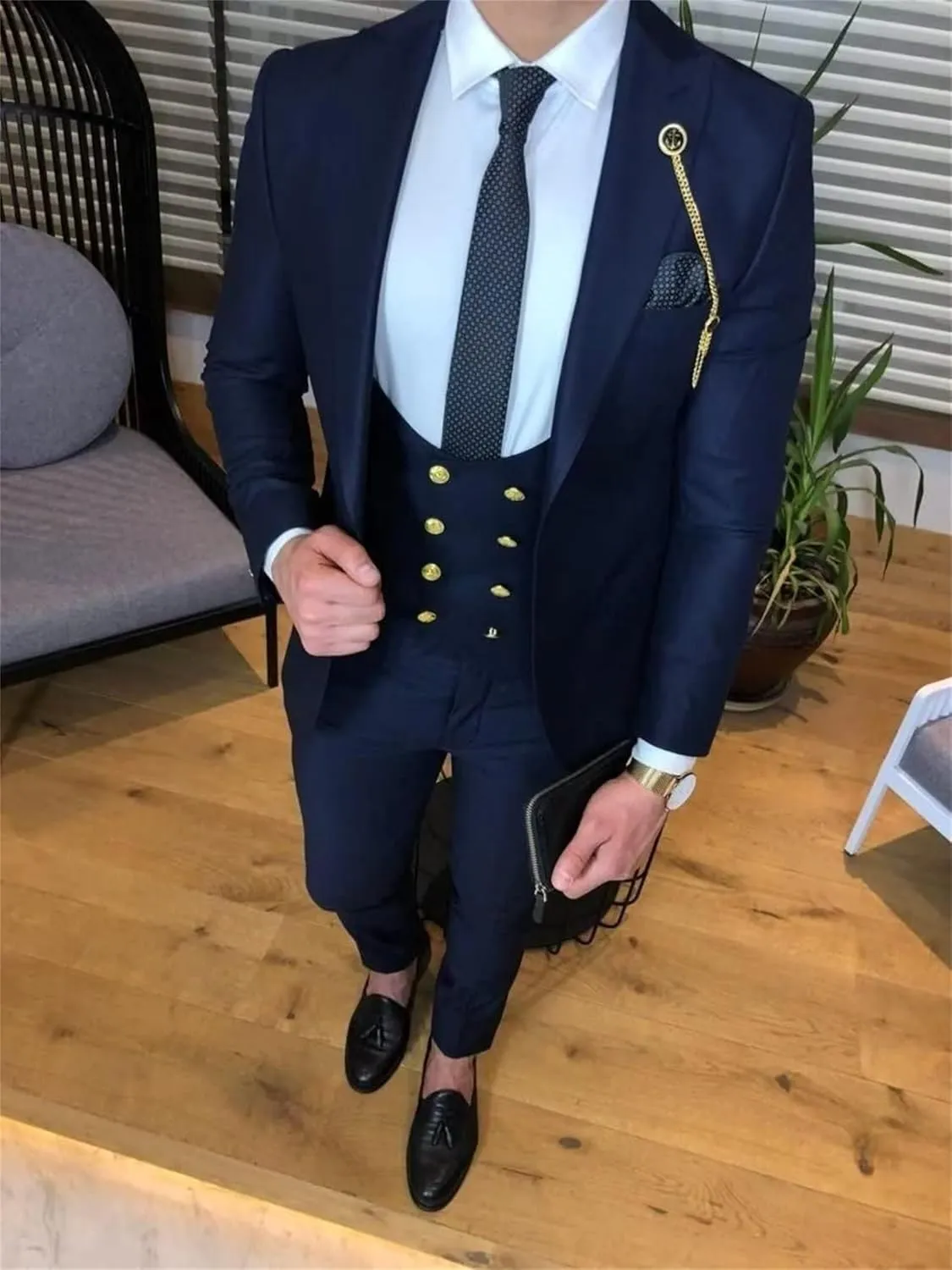 Double Breasted Suit Men 3 Piece Men's Suits Slim Fit Peak Lapel Suit One Button Blazer Vest Pants Prom Tuxedo for Wedding