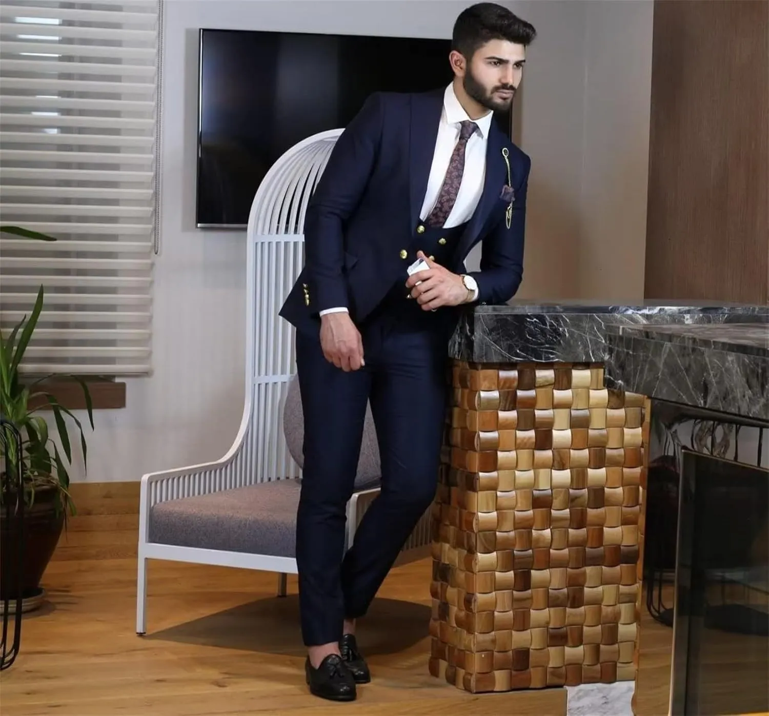 Double Breasted Suit Men 3 Piece Men's Suits Slim Fit Peak Lapel Suit One Button Blazer Vest Pants Prom Tuxedo for Wedding