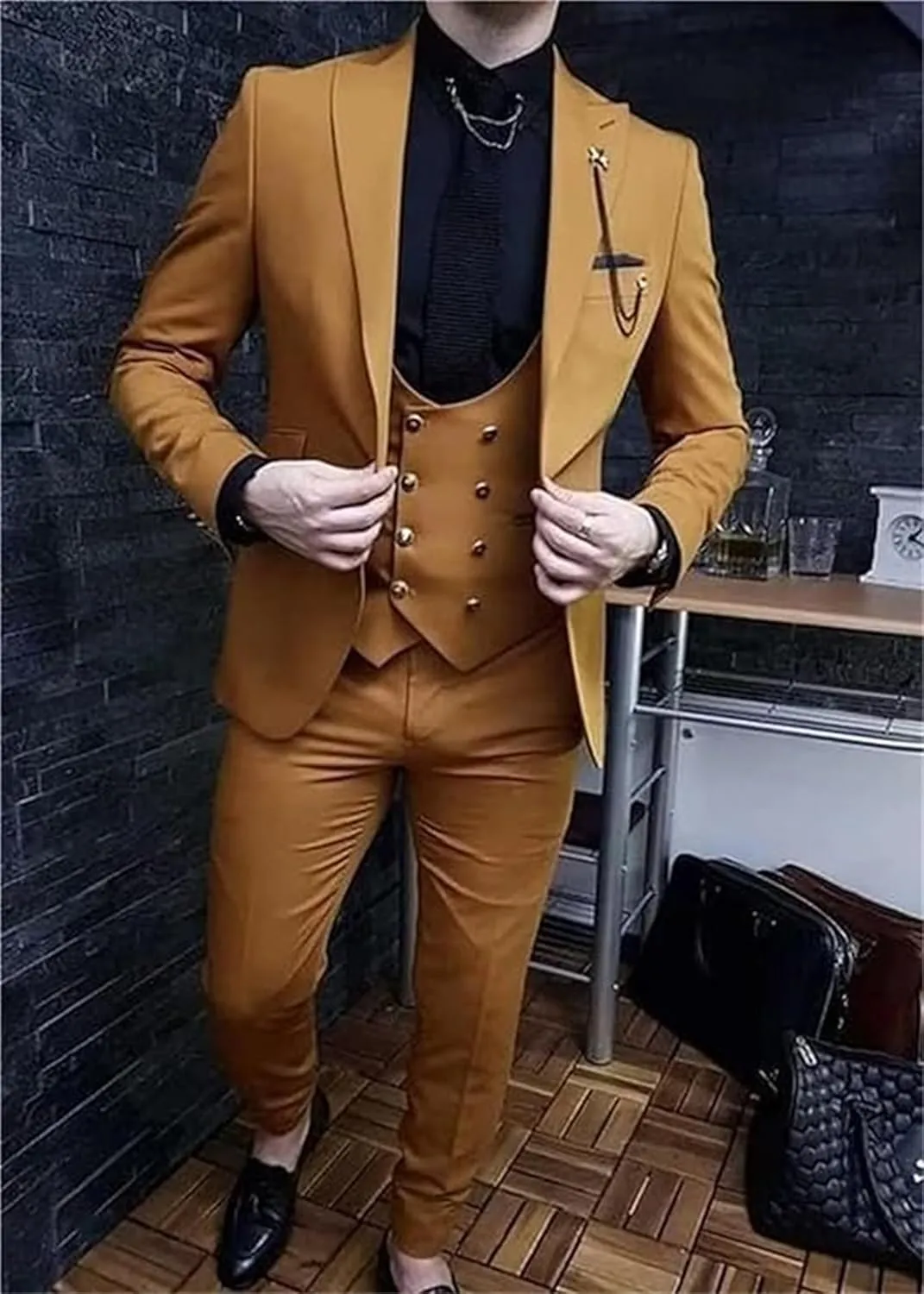 Double Breasted Suit Men 3 Piece Men's Suits Slim Fit Peak Lapel Suit One Button Blazer Vest Pants Prom Tuxedo for Wedding