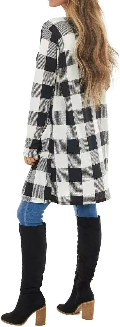 Dressmine Womens Long Cardigan Open Front Buffalo Plaid Shirt Knitted Coat Outwear Maxi Sweater Trendy 2024 Tops