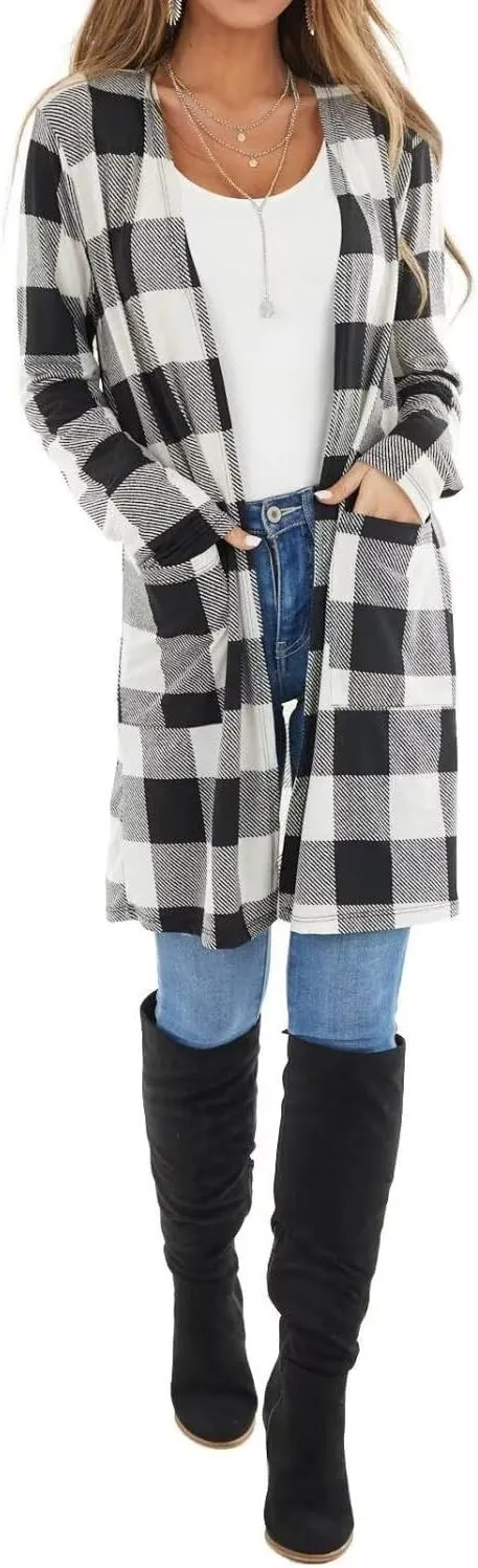 Dressmine Womens Long Cardigan Open Front Buffalo Plaid Shirt Knitted Coat Outwear Maxi Sweater Trendy 2024 Tops