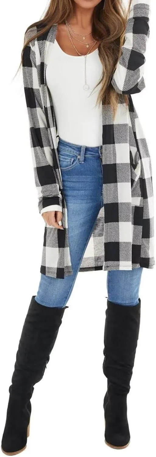 Dressmine Womens Long Cardigan Open Front Buffalo Plaid Shirt Knitted Coat Outwear Maxi Sweater Trendy 2024 Tops