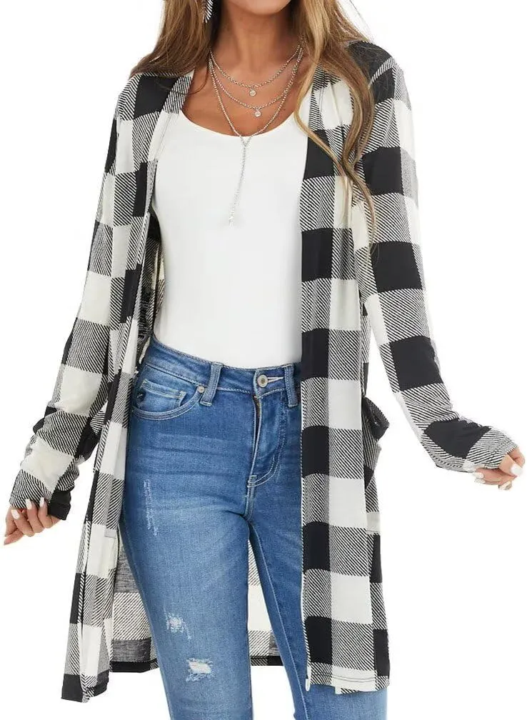 Dressmine Womens Long Cardigan Open Front Buffalo Plaid Shirt Knitted Coat Outwear Maxi Sweater Trendy 2024 Tops