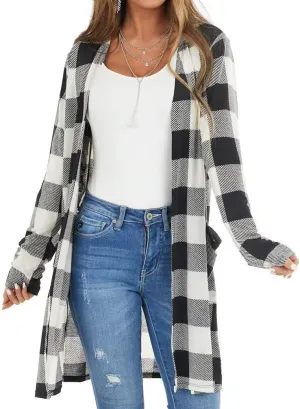 Dressmine Womens Long Cardigan Open Front Buffalo Plaid Shirt Knitted Coat Outwear Maxi Sweater Trendy 2024 Tops