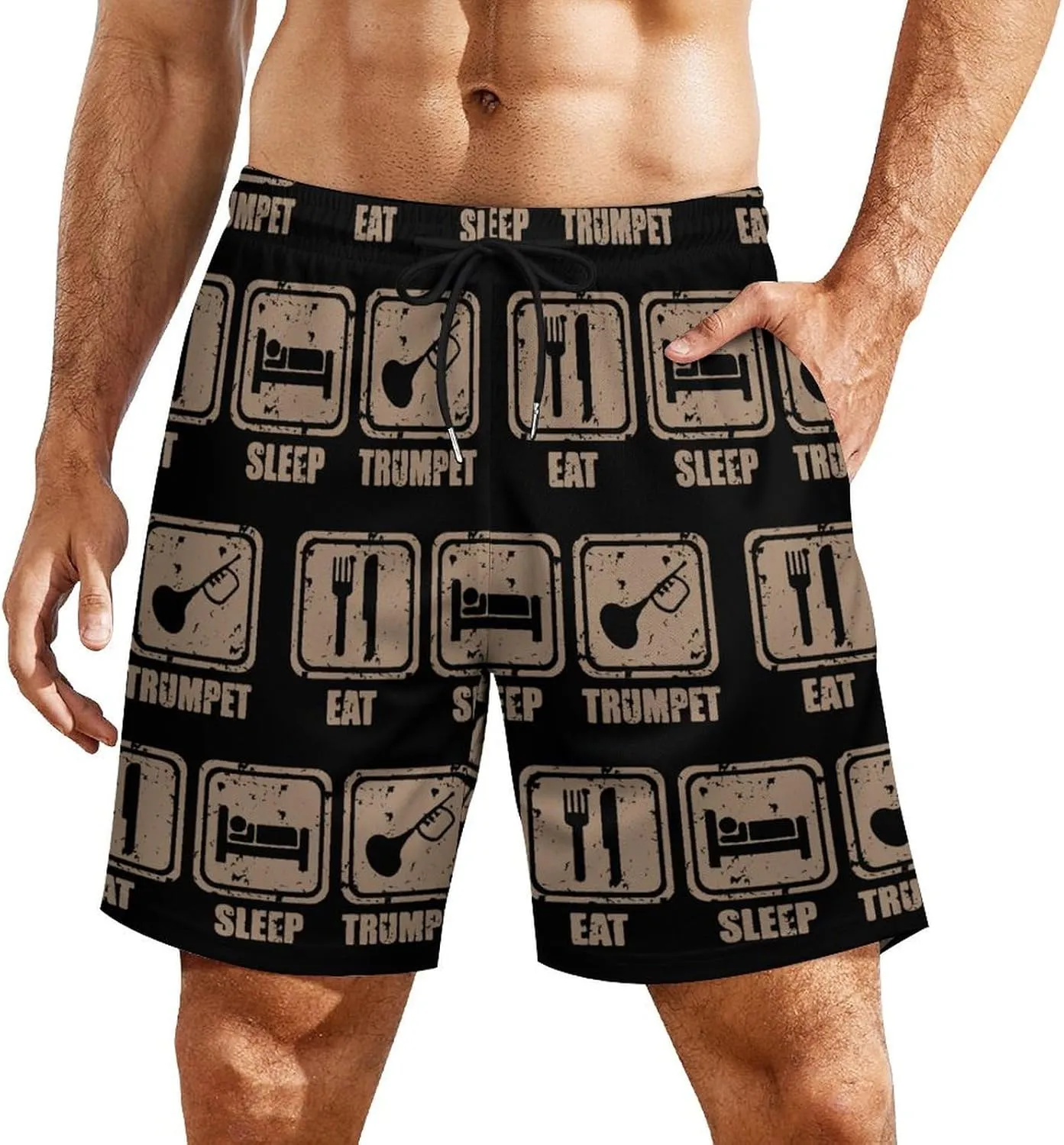 Eat Sleep Play Trumpet Quick Dry Mens Swim Trunks Swimming Beach Board Shorts with Pockets Workout Gym