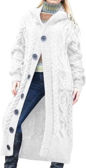 ebossy Women's Long Sleeve Hooded Cardigan Chunky Cable Knit Plus Size Over Knee Duster Coat with Pockets