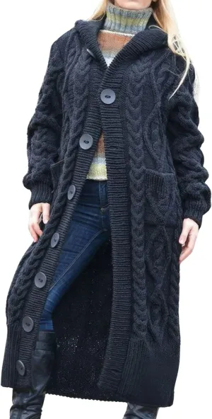 ebossy Women's Long Sleeve Hooded Cardigan Chunky Cable Knit Plus Size Over Knee Duster Coat with Pockets