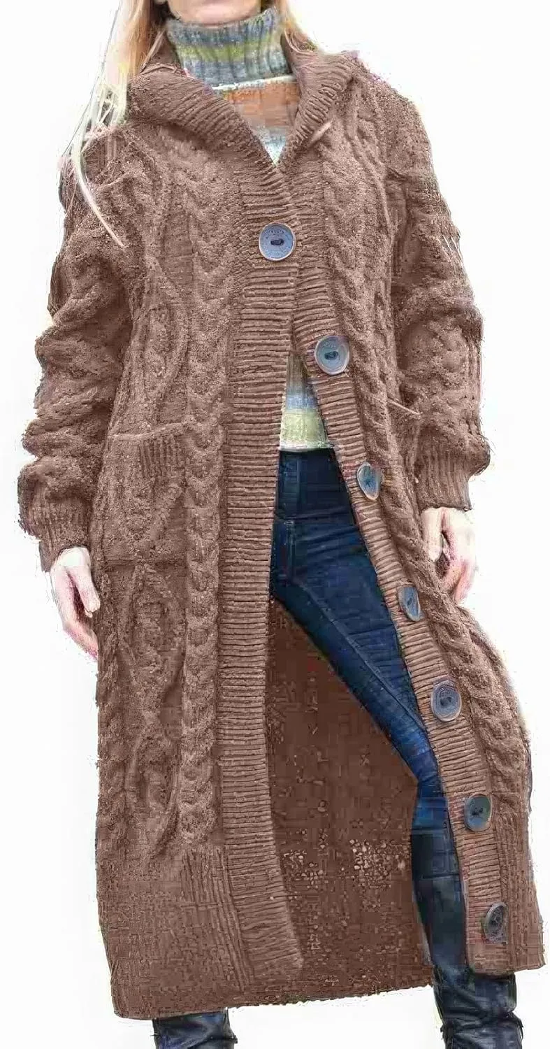 ebossy Women's Long Sleeve Hooded Cardigan Chunky Cable Knit Plus Size Over Knee Duster Coat with Pockets