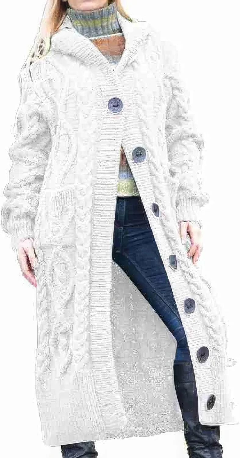 ebossy Women's Long Sleeve Hooded Cardigan Chunky Cable Knit Plus Size Over Knee Duster Coat with Pockets
