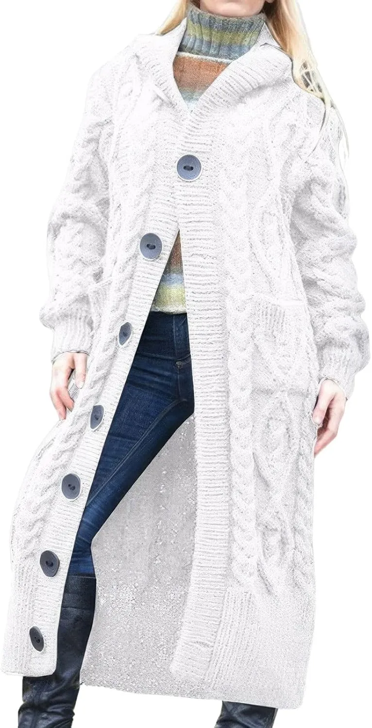 ebossy Women's Long Sleeve Hooded Cardigan Chunky Cable Knit Plus Size Over Knee Duster Coat with Pockets