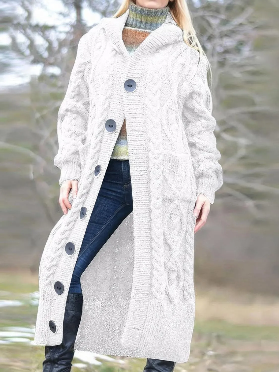 ebossy Women's Long Sleeve Hooded Cardigan Chunky Cable Knit Plus Size Over Knee Duster Coat with Pockets