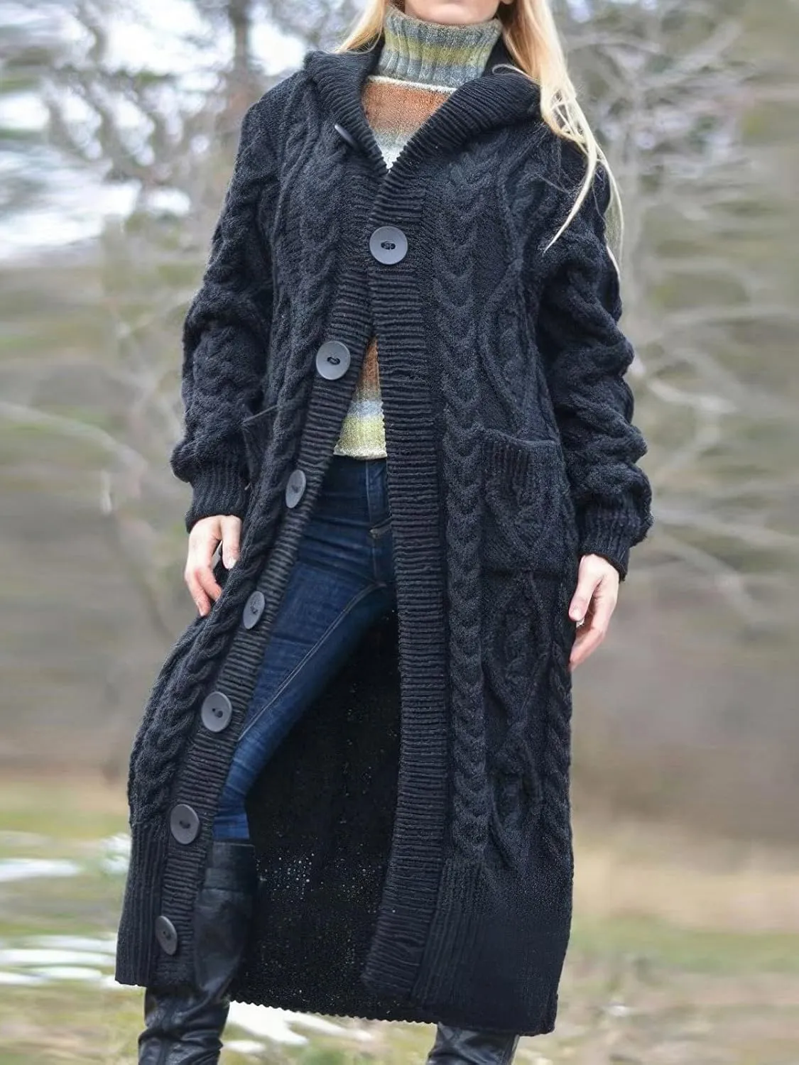 ebossy Women's Long Sleeve Hooded Cardigan Chunky Cable Knit Plus Size Over Knee Duster Coat with Pockets