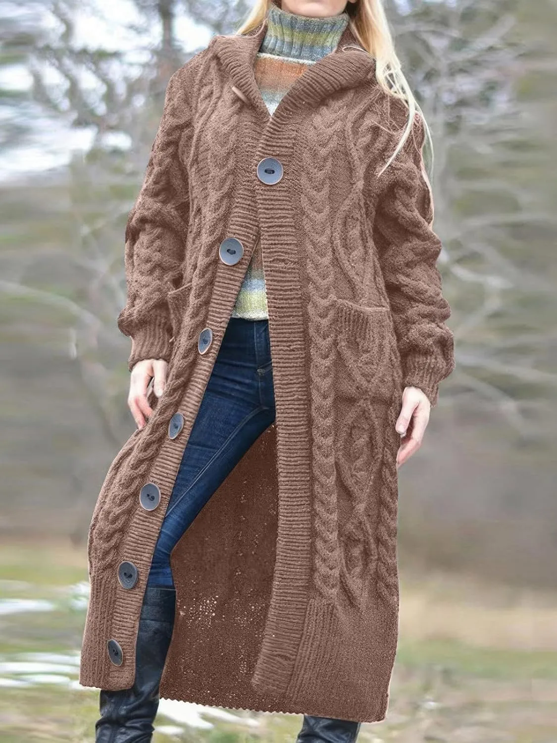ebossy Women's Long Sleeve Hooded Cardigan Chunky Cable Knit Plus Size Over Knee Duster Coat with Pockets