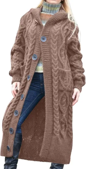 ebossy Women's Long Sleeve Hooded Cardigan Chunky Cable Knit Plus Size Over Knee Duster Coat with Pockets