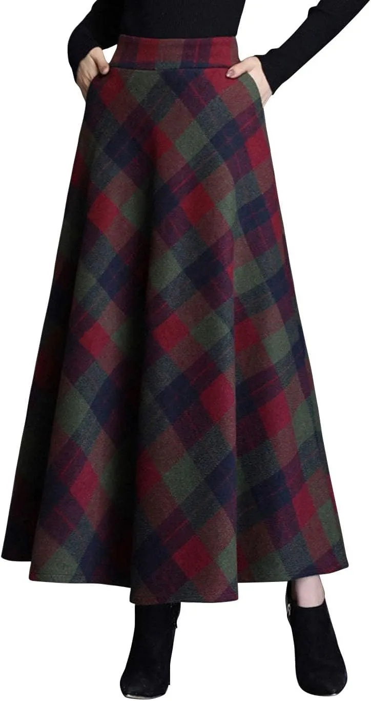 ebossy Women's Vintage High Waist Wool Blend Plaid A-Line Long Maxi Skirt with Pocket