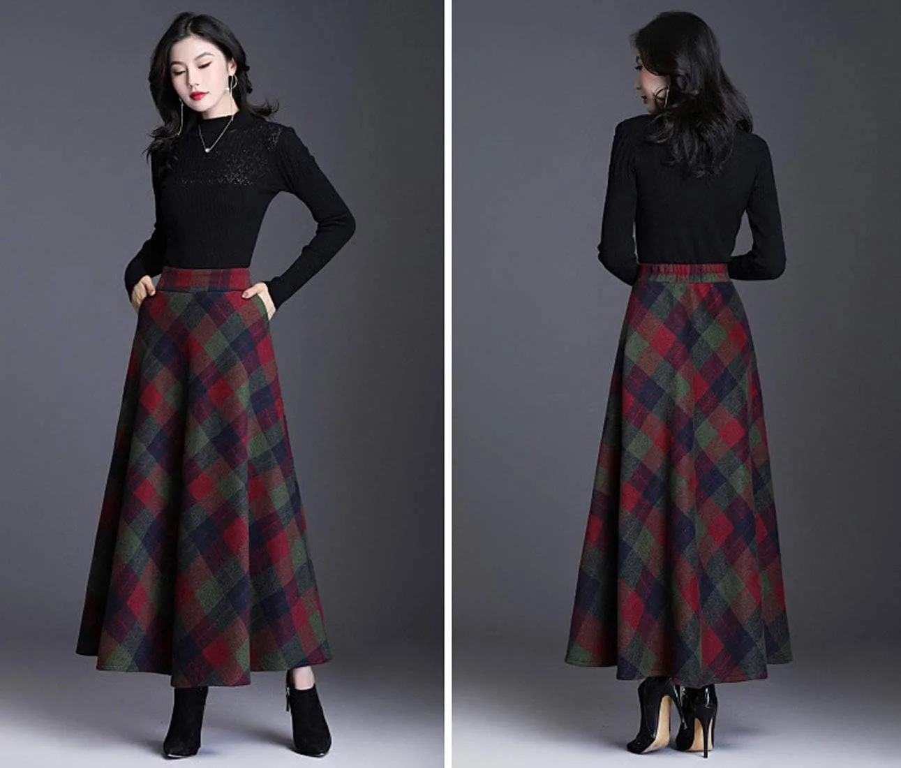 ebossy Women's Vintage High Waist Wool Blend Plaid A-Line Long Maxi Skirt with Pocket