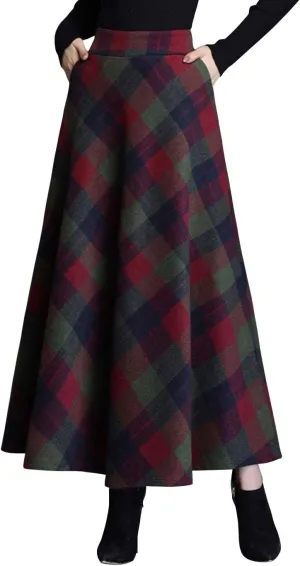 ebossy Women's Vintage High Waist Wool Blend Plaid A-Line Long Maxi Skirt with Pocket