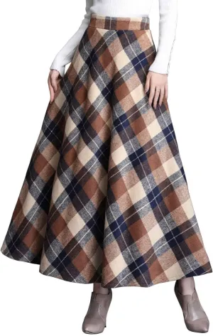 ebossy Women's Vintage High Waist Wool Blend Plaid A-Line Long Maxi Skirt with Pocket