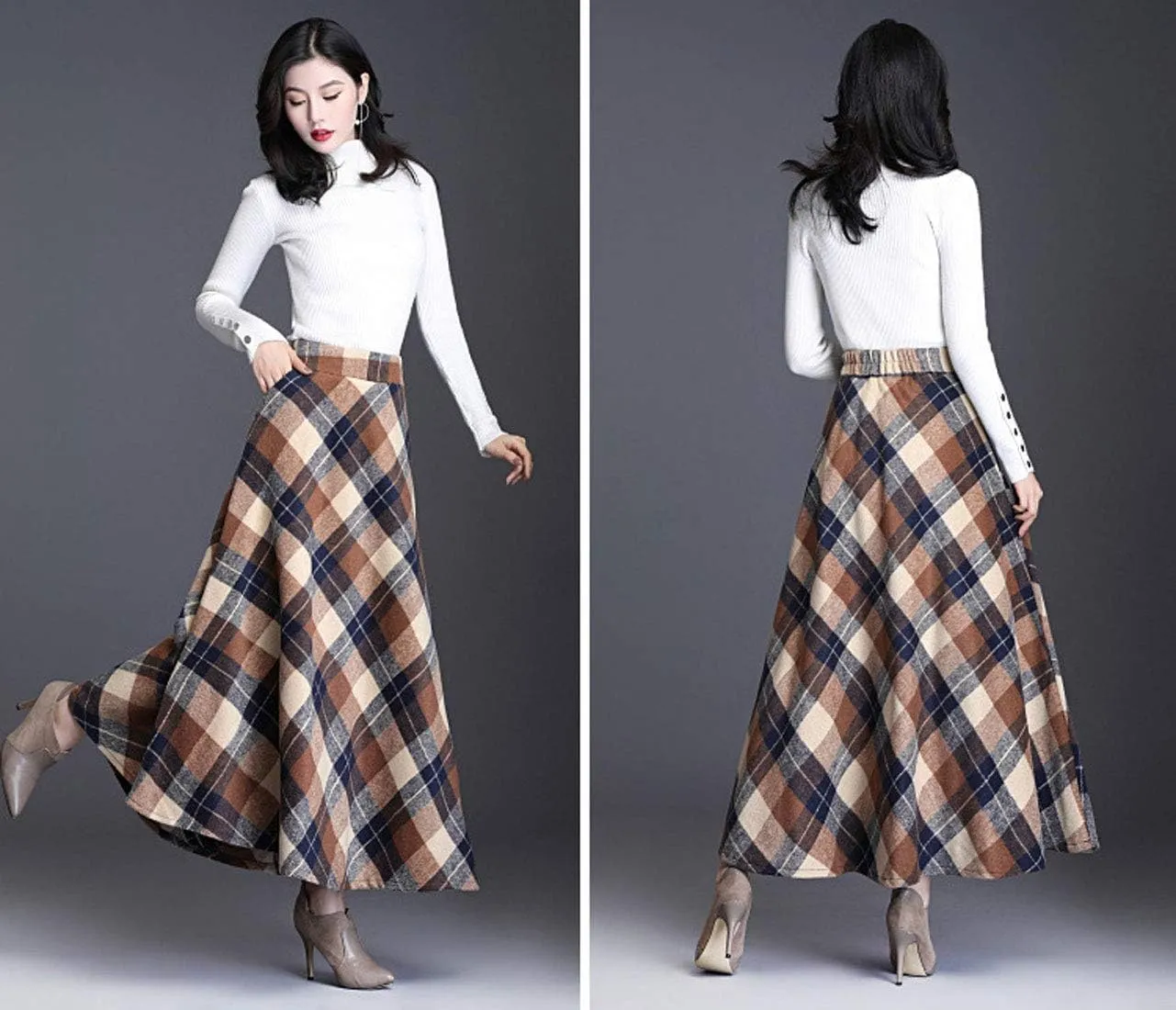 ebossy Women's Vintage High Waist Wool Blend Plaid A-Line Long Maxi Skirt with Pocket