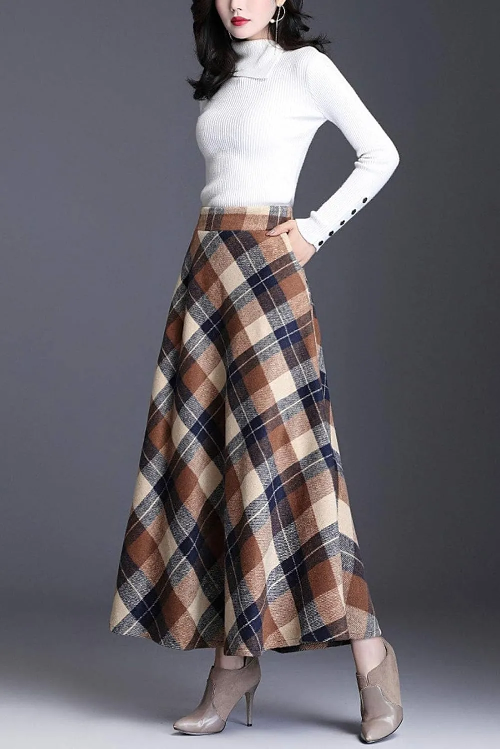 ebossy Women's Vintage High Waist Wool Blend Plaid A-Line Long Maxi Skirt with Pocket