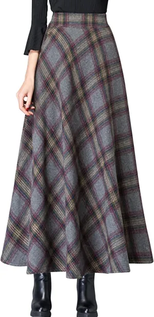 ebossy Women's Vintage High Waist Wool Blend Plaid A-Line Long Maxi Skirt with Pocket