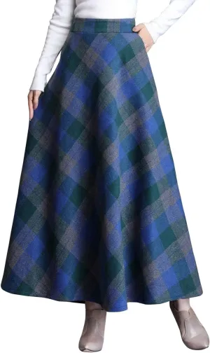 ebossy Women's Vintage High Waist Wool Blend Plaid A-Line Long Maxi Skirt with Pocket
