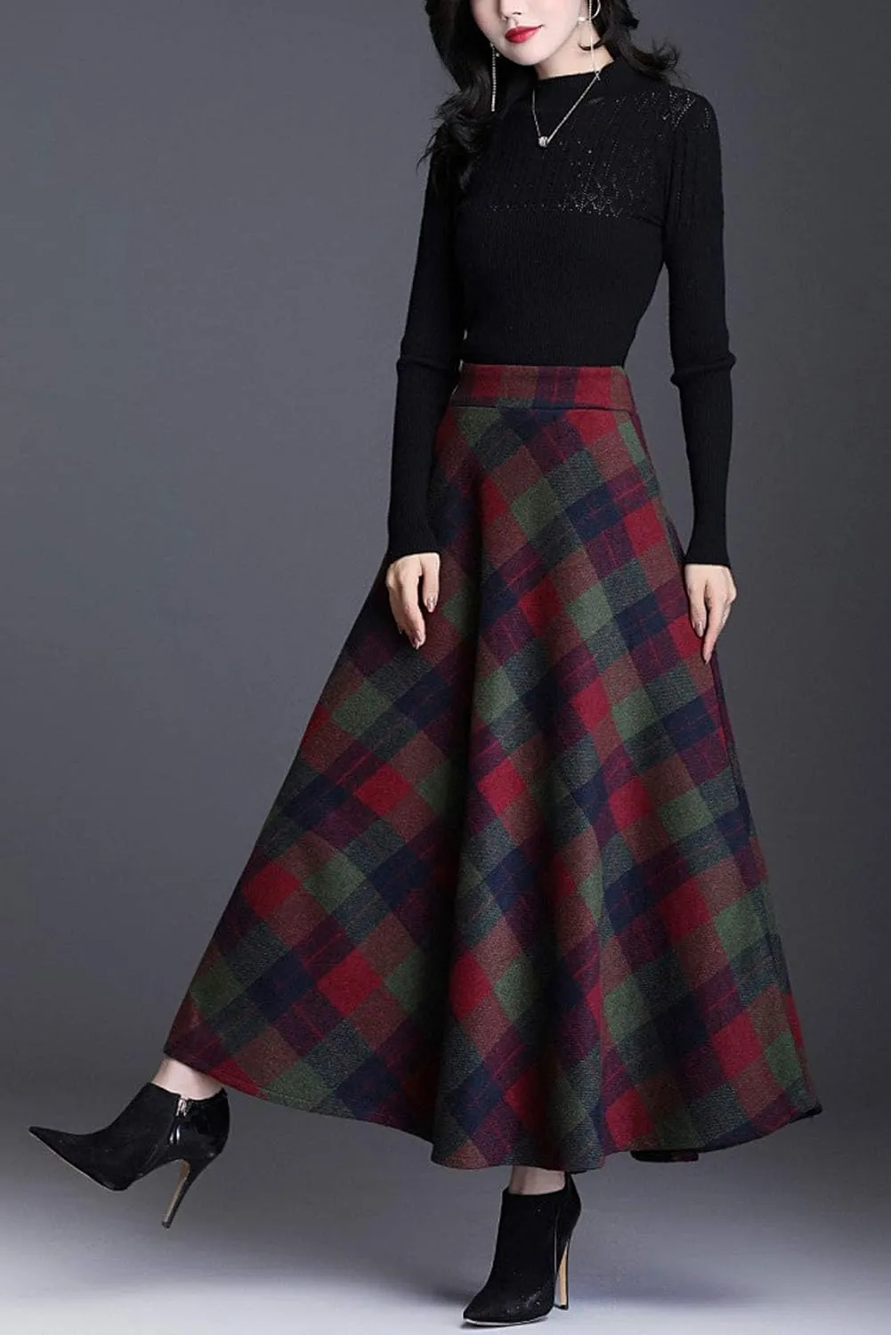 ebossy Women's Vintage High Waist Wool Blend Plaid A-Line Long Maxi Skirt with Pocket