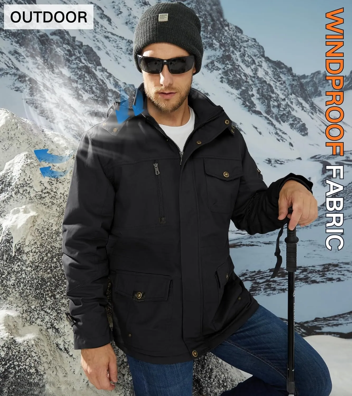 EKLENTSON Men's Winter Coat Fleece Lined Military Jacekt Thick Cotton Parka Jacket Warm Cargo Jacket Work Coat with Hood