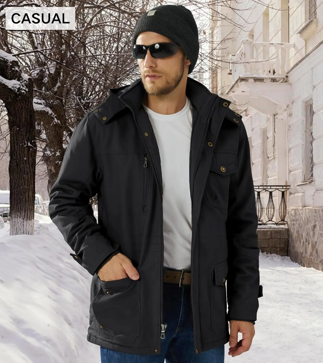 EKLENTSON Men's Winter Coat Fleece Lined Military Jacekt Thick Cotton Parka Jacket Warm Cargo Jacket Work Coat with Hood