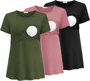 Ekouaer Womens Nursing Tops 3 Pack Short Sleeve Ribbed Breastfeeding Shirts Double Layer Maternity Shirt Pregnancy Clothes