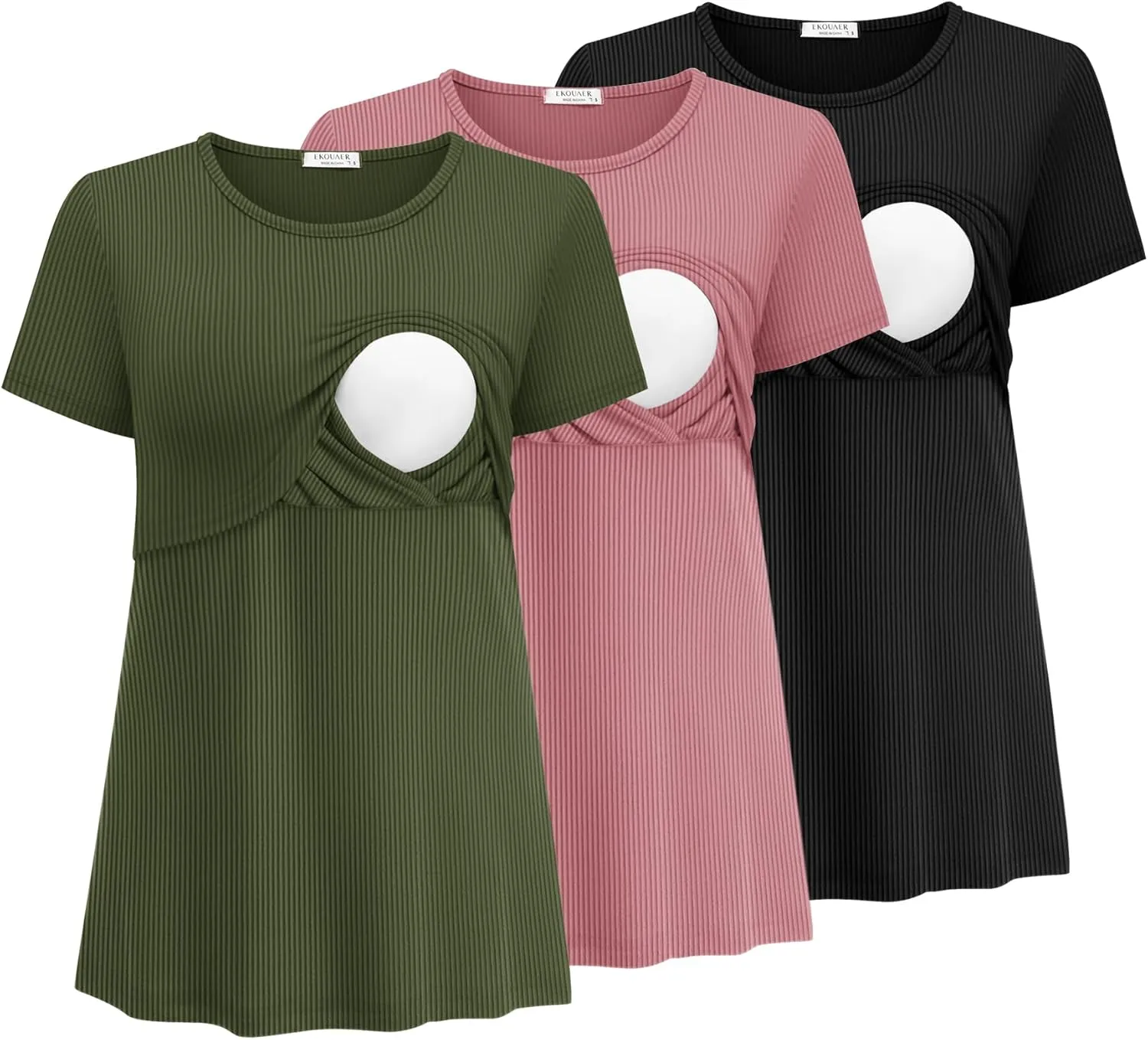 Ekouaer Womens Nursing Tops 3 Pack Short Sleeve Ribbed Breastfeeding Shirts Double Layer Maternity Shirt Pregnancy Clothes