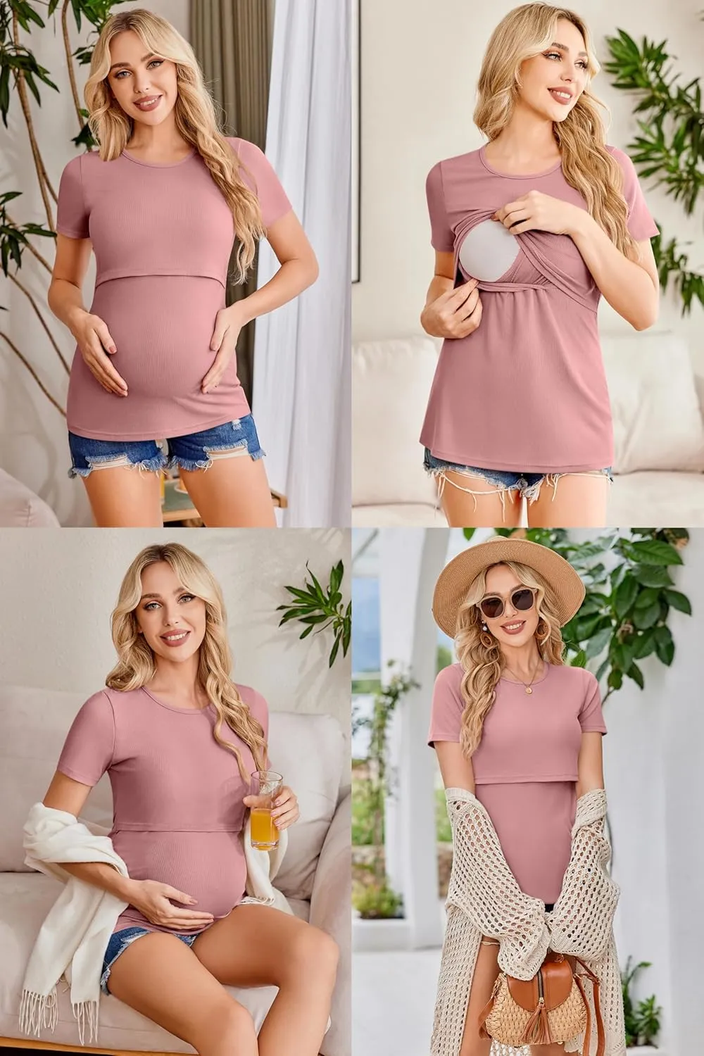 Ekouaer Womens Nursing Tops 3 Pack Short Sleeve Ribbed Breastfeeding Shirts Double Layer Maternity Shirt Pregnancy Clothes