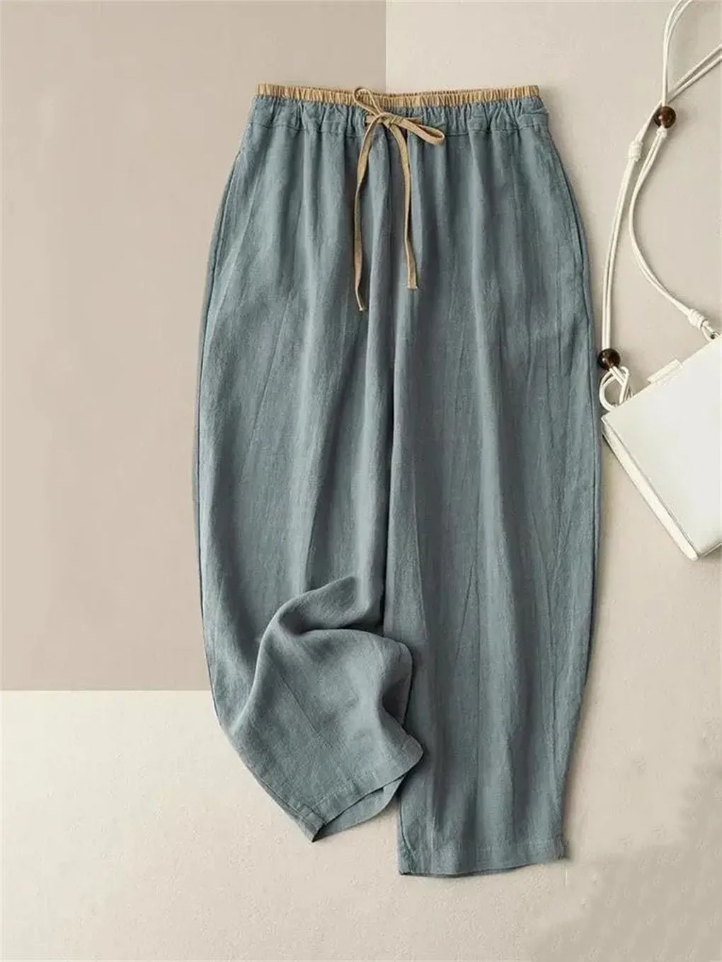 Elastic Drawstring Waist Casual Pants Cotton Linen Loose Harem Pants All-Match Wide-Leg Pants