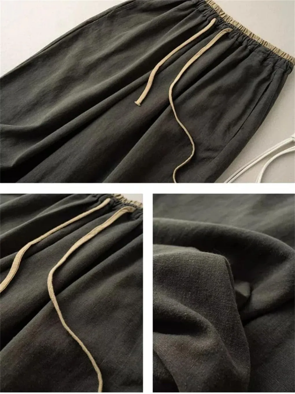Elastic Drawstring Waist Casual Pants Cotton Linen Loose Harem Pants All-Match Wide-Leg Pants