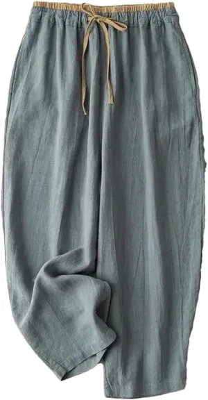 Elastic Drawstring Waist Casual Pants Cotton Linen Loose Harem Pants All-Match Wide-Leg Pants